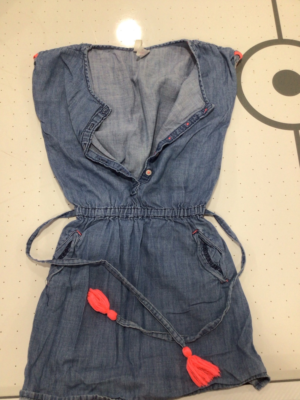 Girls' Light Blue Denim Casual Dress with Neon Tassel Tie